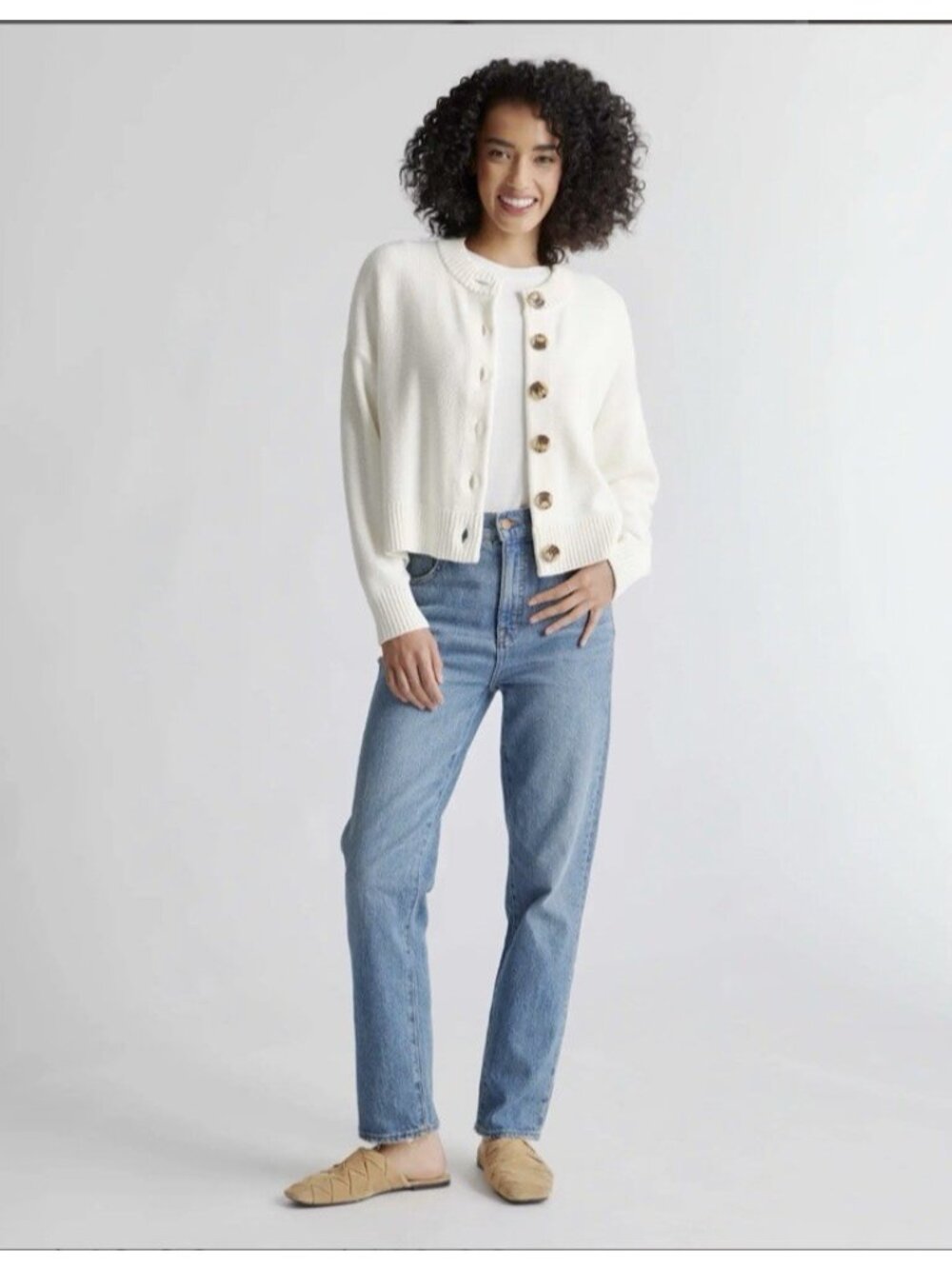 Quince 100% Organic Cotton Cropped Cardigan Ivory Size XS - Picture 5 of 16